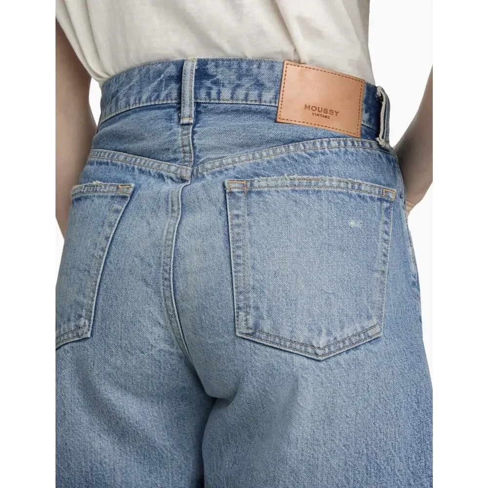 Moussy Vintage Graterford Long Denim Shorts Womens 25 Blue Button Fly Distressed